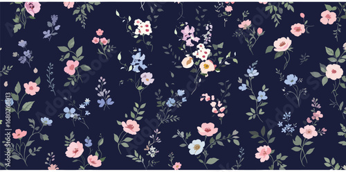 Wallpaper Mural Watercolor floral illustration - seamless pattern on black background Torontodigital.ca