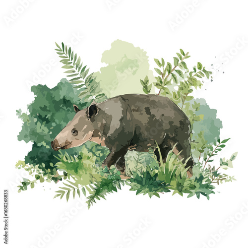 Watercolor Tapir Amidst Lush Tropical Foliage