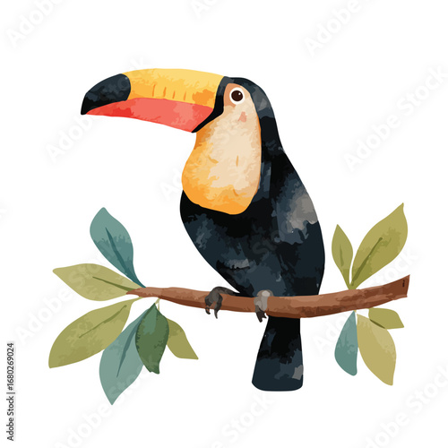 Watercolor Toucan Perched on Branch with Lush Green Leaves