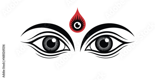 Stylized divine eye illustration with symmetrical gaze and red teardrop third eye symbol, representing spiritual insight and Hindu iconography