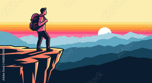 Flat vector illustration of faceless traveler with backpack standing on cliff, looking at mountain and sunset view, adventure lifestyle theme, flat bold colors, isolated on white background