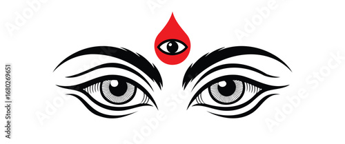 Stylized divine eye illustration with third eye in red teardrop motif, symbolizing spiritual insight, Hindu iconography, and sacred vision