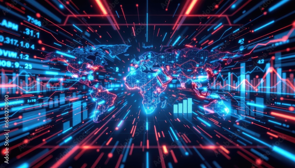 Obraz premium Futuristic Data Visualization of Global Financial Markets with Dynamic Blue and Red Light Effects
