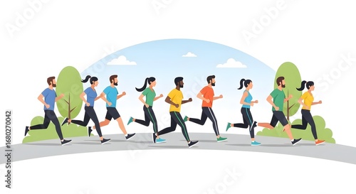 Group of Diverse People Running in Park Scene on Sunny Day