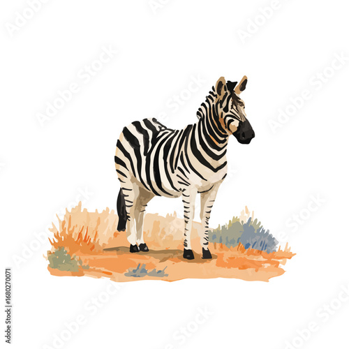 Watercolor Zebra Standing on Painted Ground with Orange and Green Hues