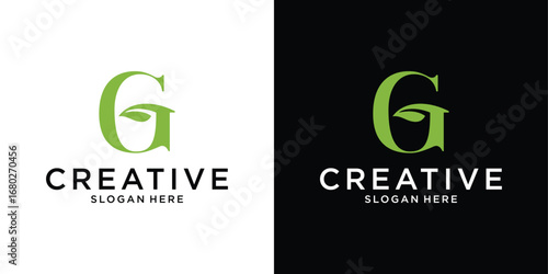 Initial letter G with leaf luxury logo, Green leaf logo template vector design.