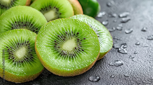 Fresh kiwi slices with vibrant green color and visible seeds glisten with water droplets