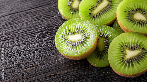 Fresh kiwi slices arranged on dark wooden surface, showcasing vibrant green color and seeds