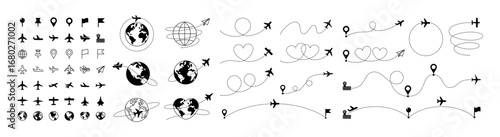 Airplane, Earth, Global, Airport, Map Pin Icon Set, Various Airplane Silhouettes, Editable Flight Path Line Set