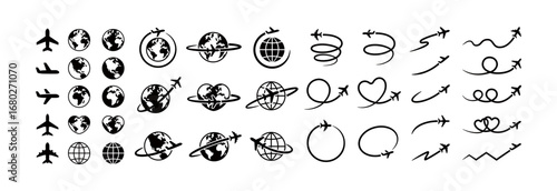 Simple Earth and Airplane Icons, Calligraphic Flight Path Line Set
