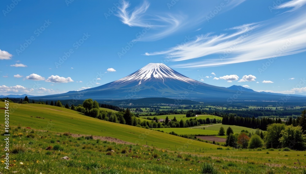 Fototapeta premium Majestic Mount Fuji Overlooking a Lush Green Landscape Under a Clear Blue Sky with Wispy Clouds