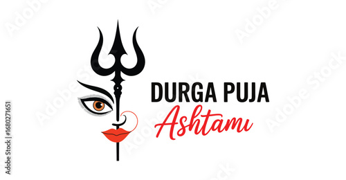 Durga Puja Ashtami illustration with trishul, goddess Durga’s partial face, bindi, lips, and festive text symbolizing divine power and celebration