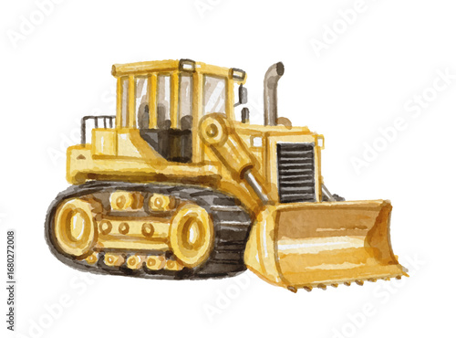 Hand painted watercolor yellow bulldozer isolated