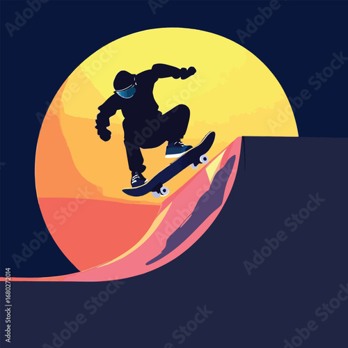 Modern Graphic Skateboarder Silhouette Performing Trick Against Sunset Illustration Design