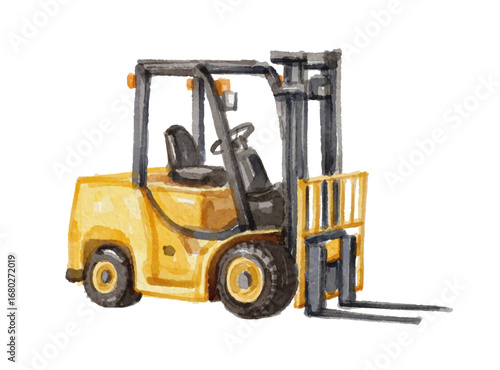 Watercolor yellow forklift isolated on white background