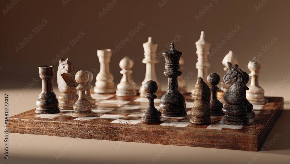 Fototapeta premium Chess pieces on a wooden board, a strategic game