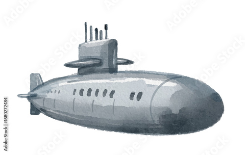 Watercolor submarine isolated on white background