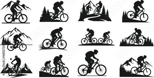 Mountain biking silhouettes, outdoor adventure, cyclist riding bike, forest landscape, extreme sport, trail riding, mountain nature, active lifestyle, fitness, biking icon set