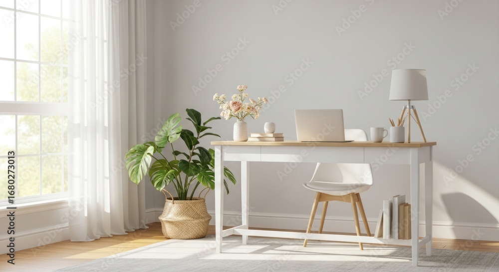Fototapeta premium Bright and Minimalist Home Office with Modern Desk, Laptop, and Green Plant by a Sunny Window, Featuring Scandinavian-Inspired Decor and Natural Light