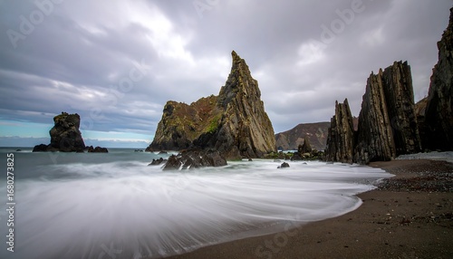 Dramatic coastal scene with tall, dark rock formations and long-exposure wave motion
