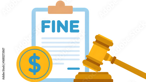 Legal document showing fine with gavel and dollar coin symbolizing financial penalty isolated on transparent background