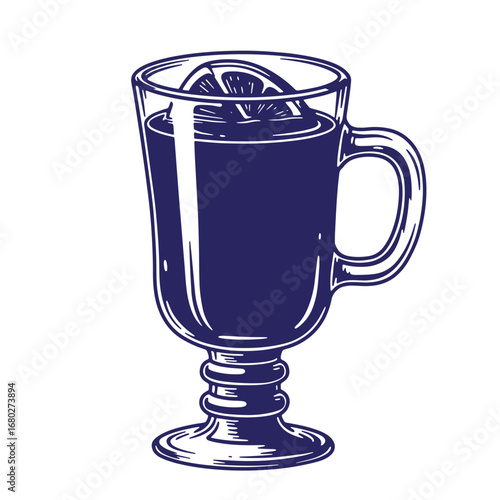 Elegant engraved illustration of a mulled wine glass with lemon slice on white background