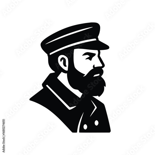 Profile view of a man in a captain's hat and uniform.