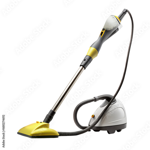 Modern steam cleaner with yellow accents, isolated on transparent background