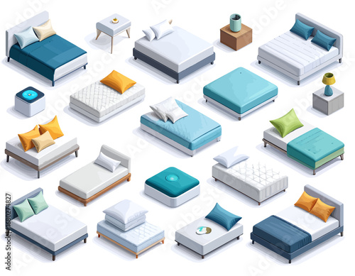 Isometric collection of modern bedroom furniture with various beds, mattresses, and nightstands for contemporary interior design concepts