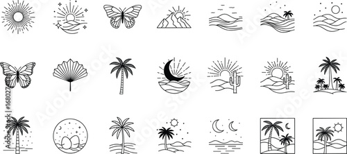 Boho minimal line art vector set with sun moon palm tree mountain butterfly desert and abstract wave nature illustrations