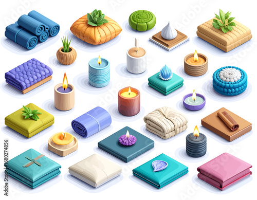Isometric array of wellness essentials for a serene self-care experience, promoting tranquility and relaxation in a clean spa setting