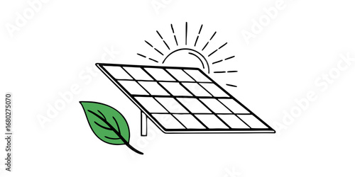 Illustration showing a solar panel with sun rays and a green leaf representing sustainable energy source