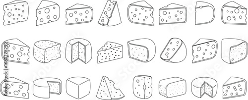 Cheese outline icons set including cheese blocks, wedges, slices, and wheels with holes for menus, packaging, and food design