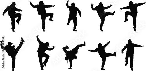 Silhouettes of hip hop dancers in dynamic street dance poses, breakdance moves, urban energy, youth culture, performance art, freestyle motion.
