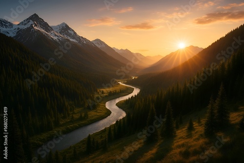 Golden sunrise over mountain valley with winding river, evergreen forests, and snowcapped peaks creating breathtaking wilderness travel landscape