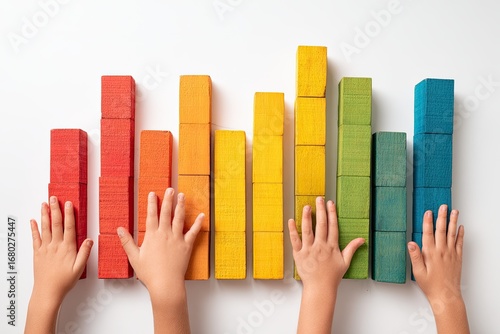 Colorful wooden blocks arranged in a bar graph, child's hands touching
