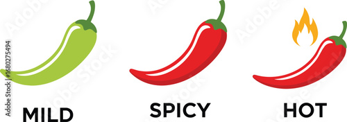 Chili pepper spice level icons showing mild, spicy, and hot with flames, perfect for food packaging, restaurant menus, and cooking labels