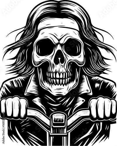 SVG of a street-lifestyle skeleton with a Halloween theme. Skull Rider on Motorcycle in Vintage Style with Dramatic Hair Movement