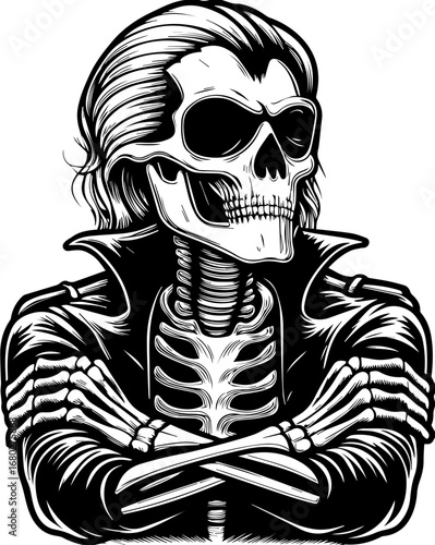SVG of a street-lifestyle skeleton with a Halloween theme. Vintage Skeleton Artwork with Rock Style and Edgy Vibes
