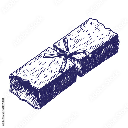 Hand drawn engraving of a christmas cracker adorned with a festive decorative bow