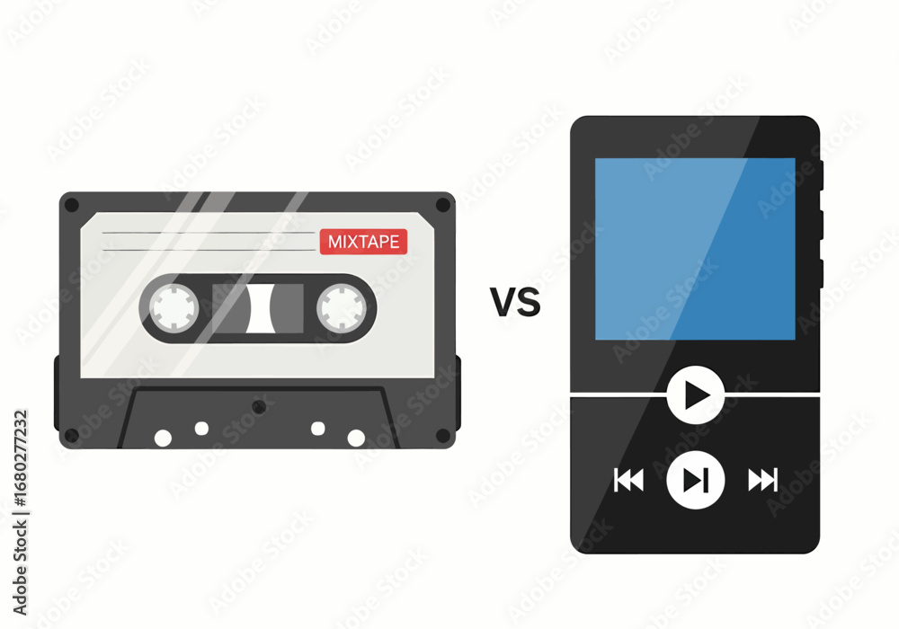 Obraz premium Flat vector old audio cassette vs modern music player