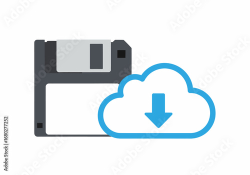 Flat vector cloud download icon with floppy disk