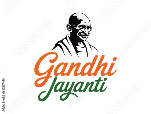 Gandhi Jayanti illustration featuring Mahatma Gandhi portrait in black and white with tricolor text, honoring Indian independence and peace