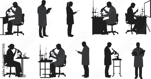 Silhouettes of scientists working in laboratory, using microscope, analyzing samples, conducting experiments, research teamwork in medical and science labs