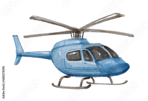 Hand painted watercolor blue helicopter isolated