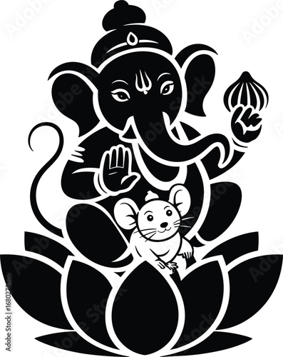 Lord Ganesha with Mouse on Lotus Flower Silhouette Vector Illustration