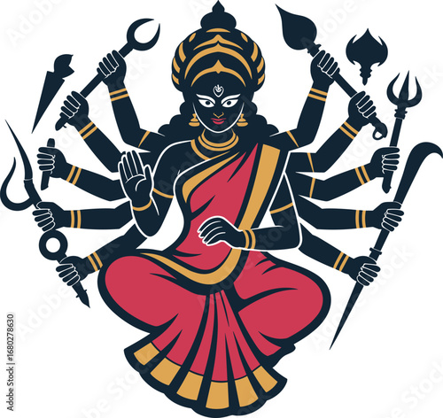 Multi Armed Goddess Durga Sitting in Lotus Position Vector Illustration