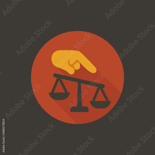 Flat vector illustration of a hand holding a balance scale, symbolizing justice, fairness, discrimination, and social awareness. Suitable for equality, law, and human rights projects.