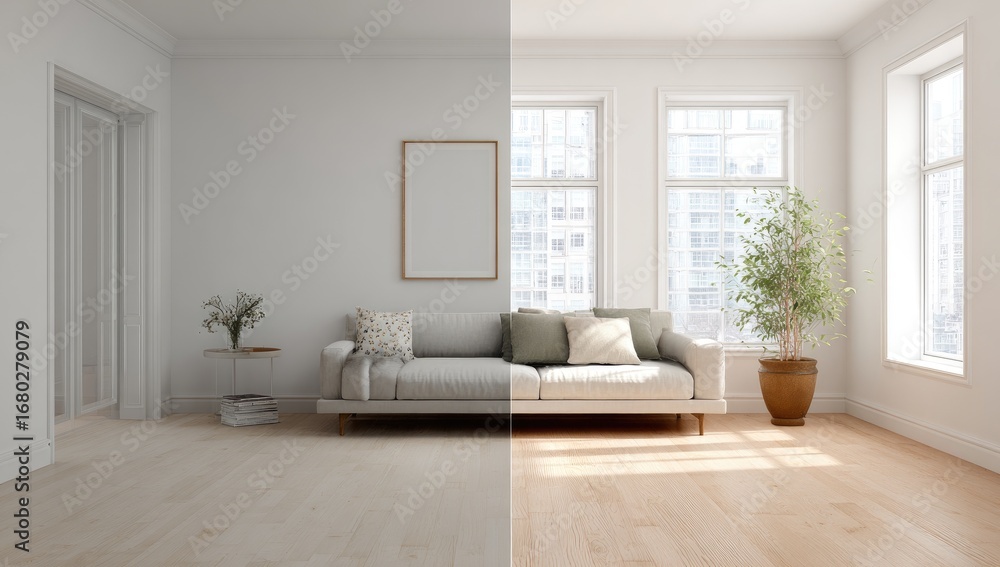Fototapeta premium Interior design comparison, light-filled room with couch, plants, and art