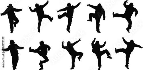 Silhouettes of street dancers jumping, performing hip hop moves, isolated on white background, urban style, energetic motion, dance expressions, youth culture